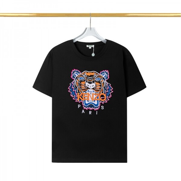 블링크,겐조 KENZO 호랑이 머리 블루 오렌지 자수 반팔 블랙