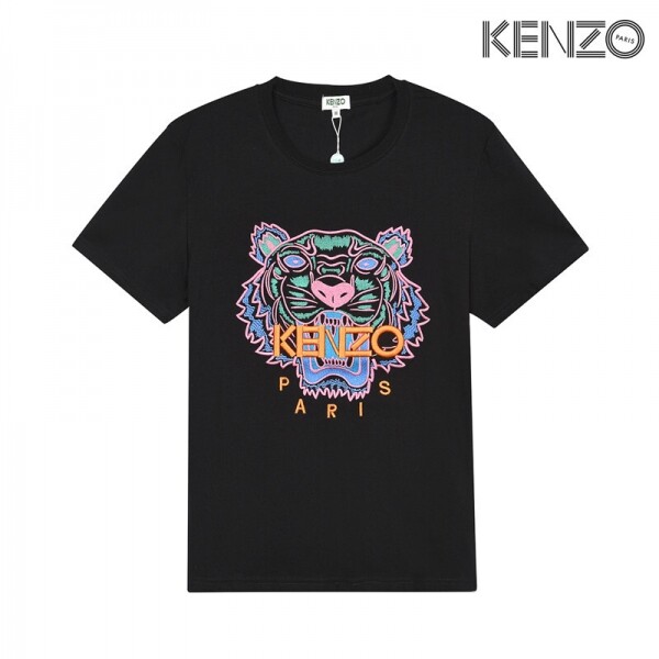 위핑,겐조 KENZO 호랑이 머리 블루 핑크 그린 자수 반팔 블랙