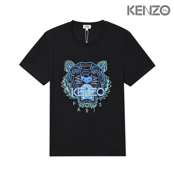 위핑,겐조 KENZO 호랑이 머리 청록색 자수 반팔 블랙