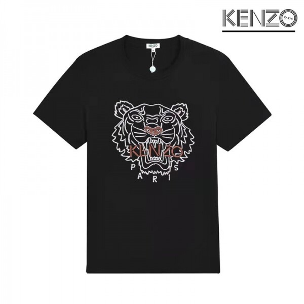 위핑,겐조 KENZO 호랑이 머리 화이트 브라운 자수 반팔 블랙