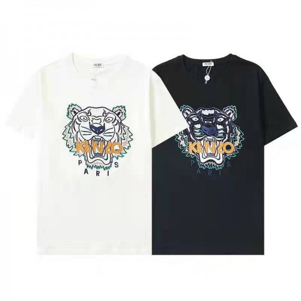 위핑,겐조 KENZO 호랑이 머리 보라색 자수 반팔 화이트