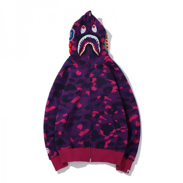 위핑,베이프 BAPE 컬러 카모 샤크 와이드 풀집 더블 후디 자주색