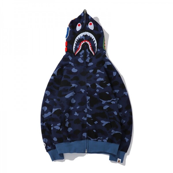 위핑,베이프 BAPE 컬러 카모 샤크 와이드 풀집 더블 후디 푸른 색