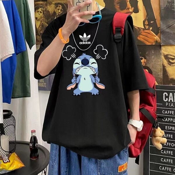 위핑,Adidas 아디다스 스티치 커플 캐릭터 만화 커플 반팔 티셔츠 블랙