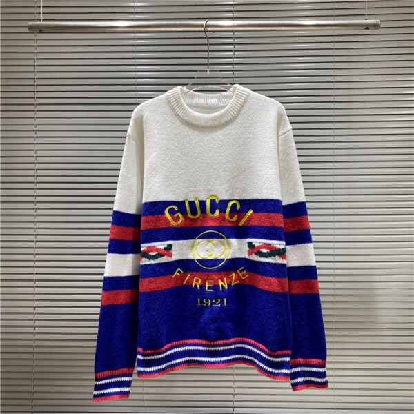 위핑,구찌 GUCCI 밑단 스트라이프 자카드 크루넥 스웨터 블루