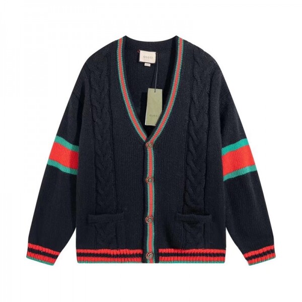 위핑,구찌 GUCCI 클래식 트위드 니트 스트라이프 학원가디건 남녀공용 블랙