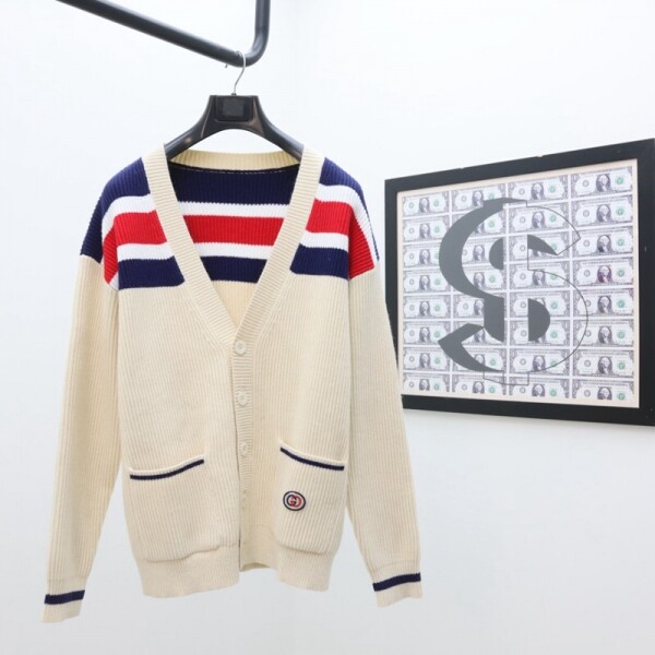 위핑,구찌 GUCCI 빨간색과 파란색 줄무늬 가디건 커플 다용도 스웨터 흰색