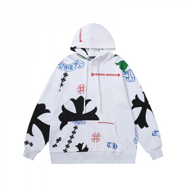 위핑,크롬하츠  Chrome Hearts 그라피티 풀프린트 컬러 십자가 후드티 스트리트 남녀 후드티 화이트