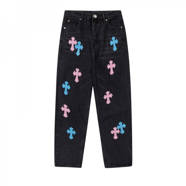 위핑,크롬 하츠 Chrome Hearts 트렌드 십자가 자수 구제 워싱 팬츠 청바지