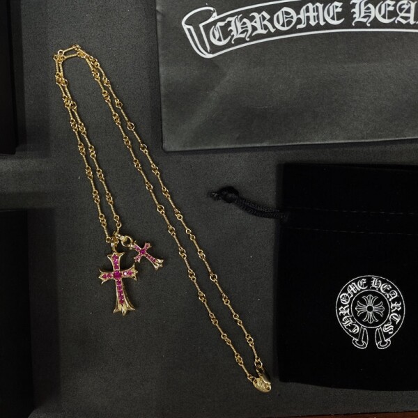 위핑,크롬하츠 Chrome Hearts 클래식 골드 핑크 더블 십자가 목걸이