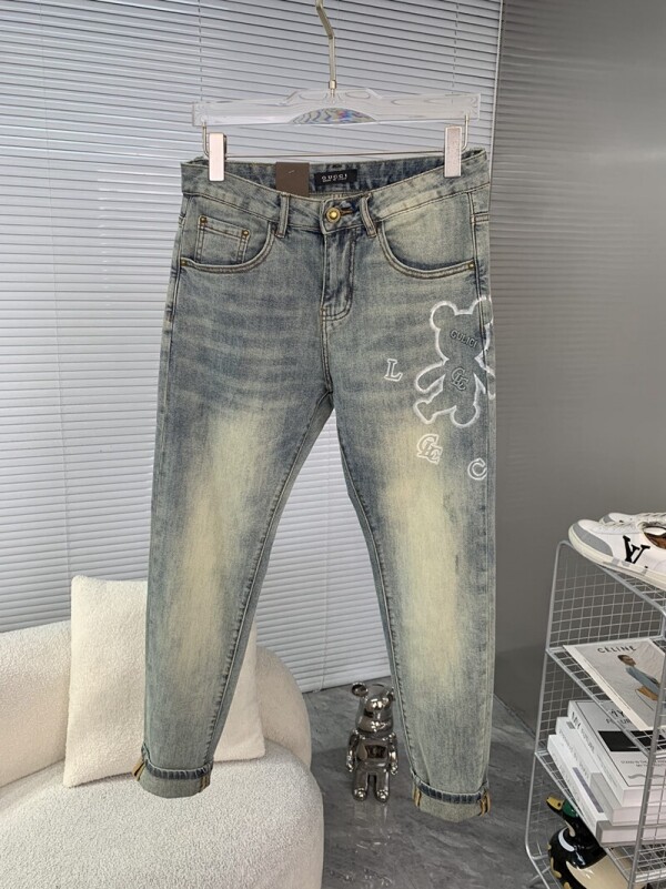 위핑,구찌 GUCCI 새로운 스타일의 복고풍 곰 패턴 워싱 청바지 블루