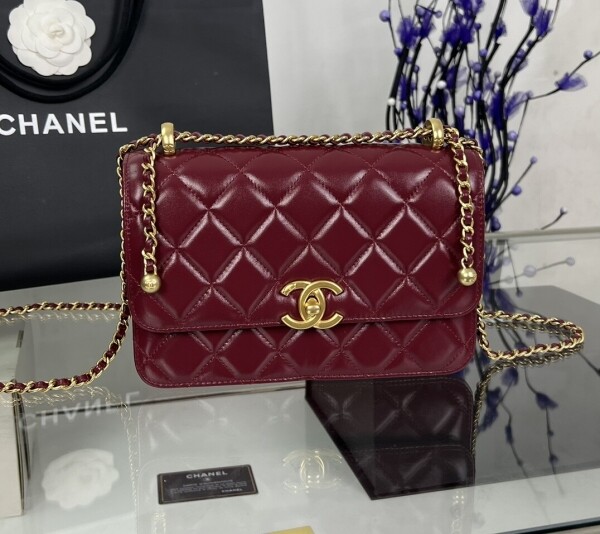 위핑,샤넬 CHANEL 클래식 모던 더블 C 골드 볼 숄더 크로스백 레드 22X14.5X8cm