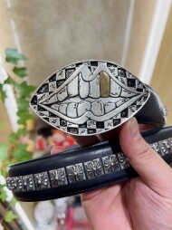 크롬하츠 Chrome Hearts 클래식 금니 혓바닥 트렌드 빈티지 가죽 밴드 3.8cm