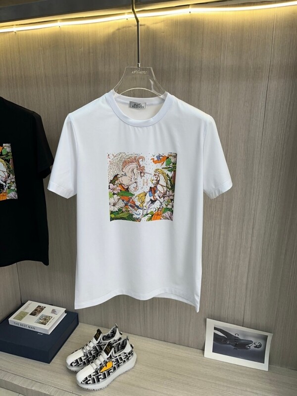 위핑,에르메스 Hermès 트렌디 프린트 캐주얼 반팔티셔츠 남녀공용