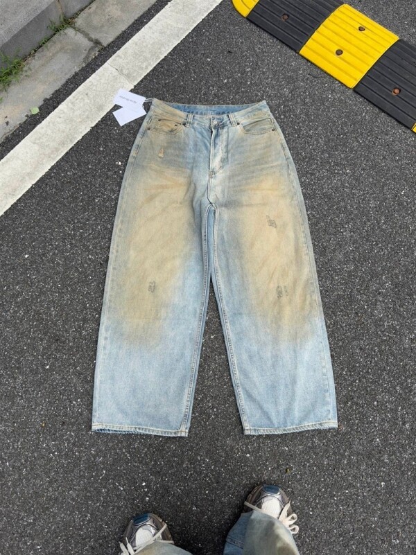 위핑,아크네 스튜디오 Acne Studios 가죽 뒤 포켓 보카시 와이드 워싱 구제 남녀 청바지