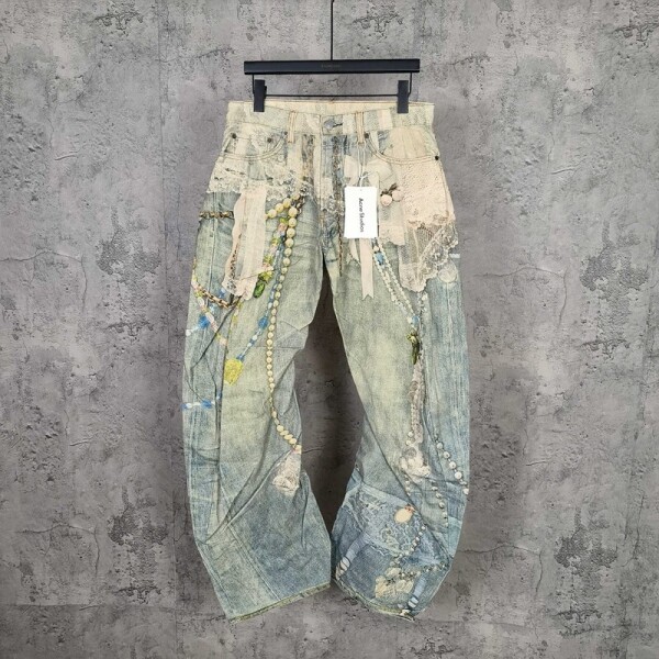 위핑,아크네 스튜디오 Acne Studios 레이스 진주 목걸이 펑크 구제 와이드 트렌드 남녀 청바지
