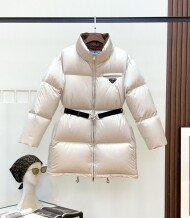 프라다 PRADA 여성용 클래식 트라이앵글 로고 패션 허리 롱 다운 재킷