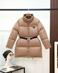 프라다 PRADA 여성용 클래식 트라이앵글 로고 패션 허리 롱 다운 재킷
