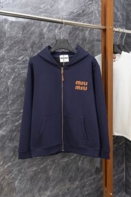 미우미우 MIU MIU 로고 자수 모던 캐주얼 후드 코트 남녀 공용