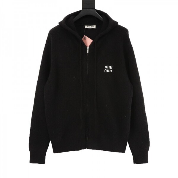 위핑,미우미우 MIU MIU 로고 포켓 자카드 지퍼업 후드 카디건 스웨터