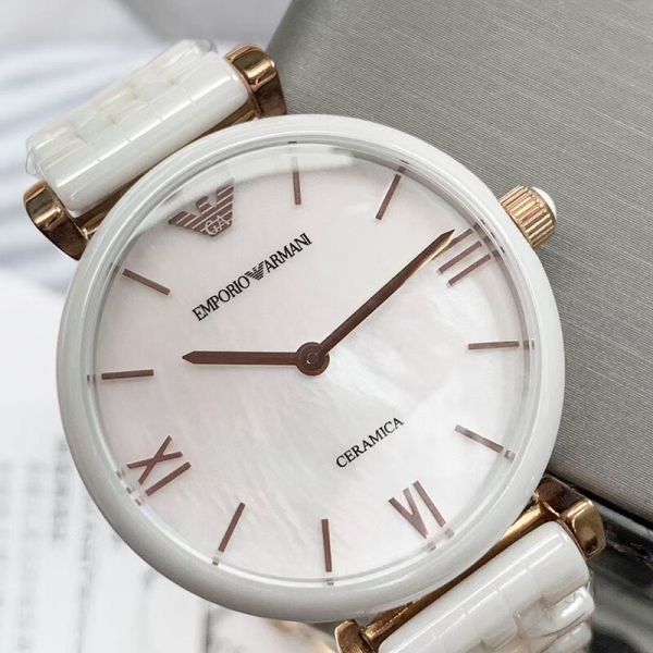 위핑,Emporio Armani 엠포리오 아르마니 여성 화이트 자개 다이얼 세라믹 밴드 여성용 시계 - AR1486