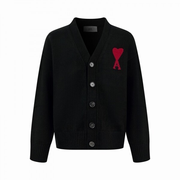 위핑,아미 AMI 빨간 하트 무늬 자카드 브이넥 니트 가디건