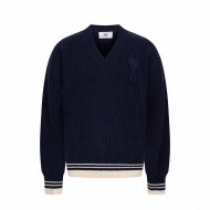 아미 AMI 하트 스트라이프 보카시 브이넥 니트