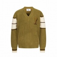 아미 AMI 하트 자수가 놓인 타월 소재의 컬러 블록 브이넥 스웨터