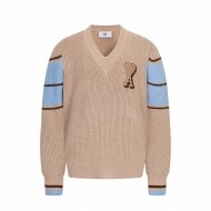 아미 AMI 하트 자수가 놓인 타월 소재의 컬러 블록 브이넥 스웨터