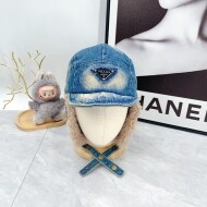 프라다 PRADA 클래식 삼각 로고 트렌드 데님 귀달이 모자