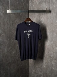프라다 PRADA 클래식 로고 자카드 울 라운드 니트 반팔