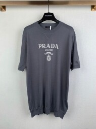 프라다 PRADA 로고 자카드 클래식 캐주얼 니트 반팔