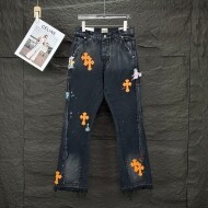 갤러리 디파트먼트 GALLERY DEPT 콜라보레이션 잉크젯 핸드페인팅 오렌지 십자가 패치 와이드 워싱 부츠컷 데님 팬츠