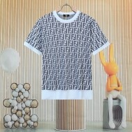 펜디 FENDI 클래식 빈티지 레터링 자카드 남녀 니트 반팔