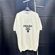 프라다 PRADA 로고 자카드 클래식 캐주얼 니트 반팔