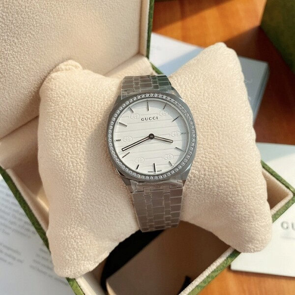 위핑,Gucci 구찌 25H 쿼츠 다이아몬드 실버 다이얼 여성용 34mm 시계 YA163503