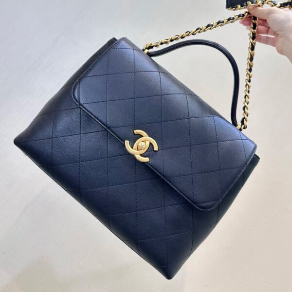 블링크,샤넬 핸들 라지 플랩 백 카프스킨, 골드 메탈 블랙 AS5467