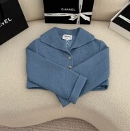샤넬 26C 크루즈 트위드 자켓 숄 카라넥 숏 재킷 크롭 코튼 블루 P80823  H