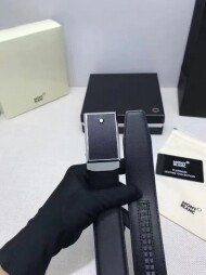 MONTBLANC 몽블랑   직사각형 스틸 플레이트 버클 블랙 사피아노 레더 벨트 114421