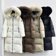 프라다 후드 롱 패딩 폭스 퍼 넥 삼각 로고 화이트 구스 다운