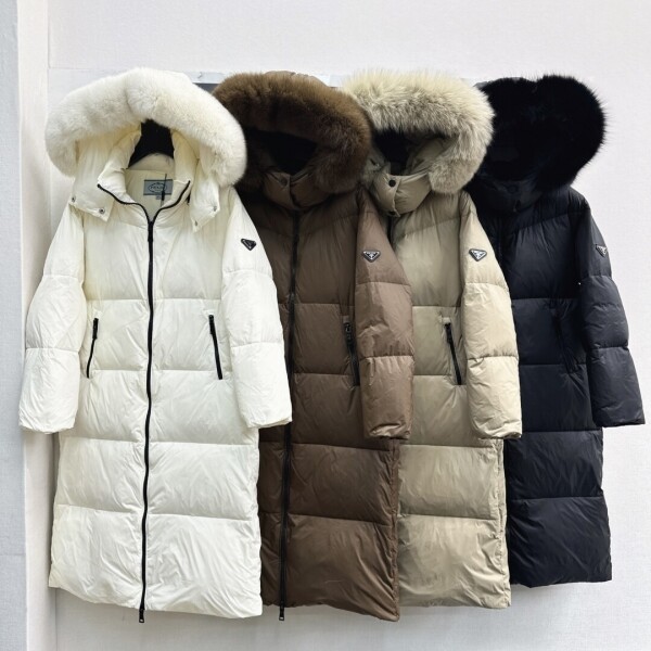 위핑,프라다 후드 롱 패딩 폭스 퍼 넥 삼각 로고 화이트 구스 다운