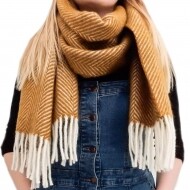 헤링본 퓨어 뉴울 스카프 - 머스타드