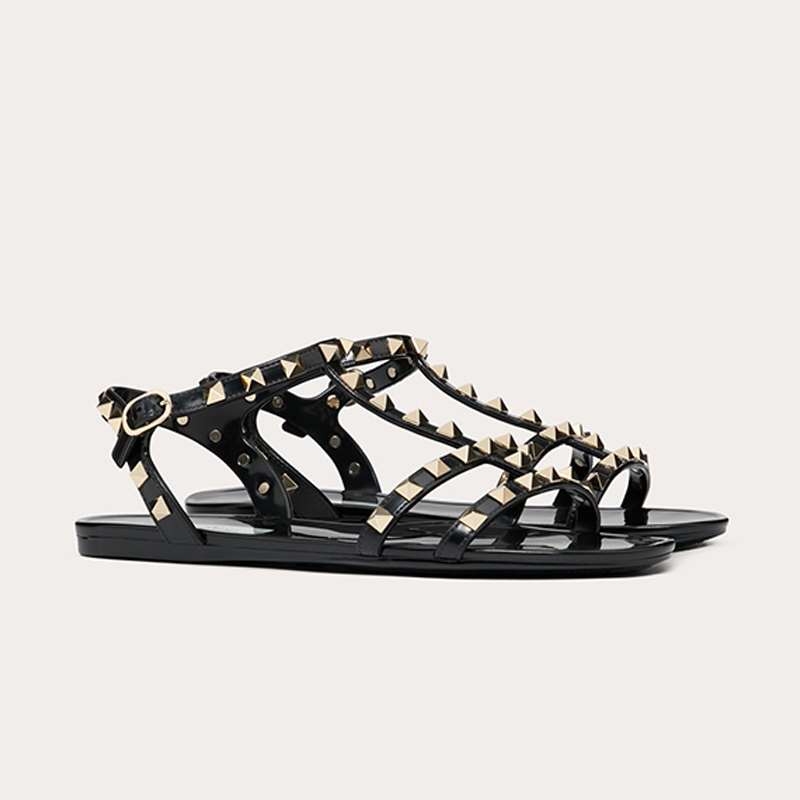 위핑,VALENTINO GARAVANI 발렌티노 여성용 블랙 ROCKSTUD 고무 리벳 로우 힐 샌들 SW2S0H38PVS0NO