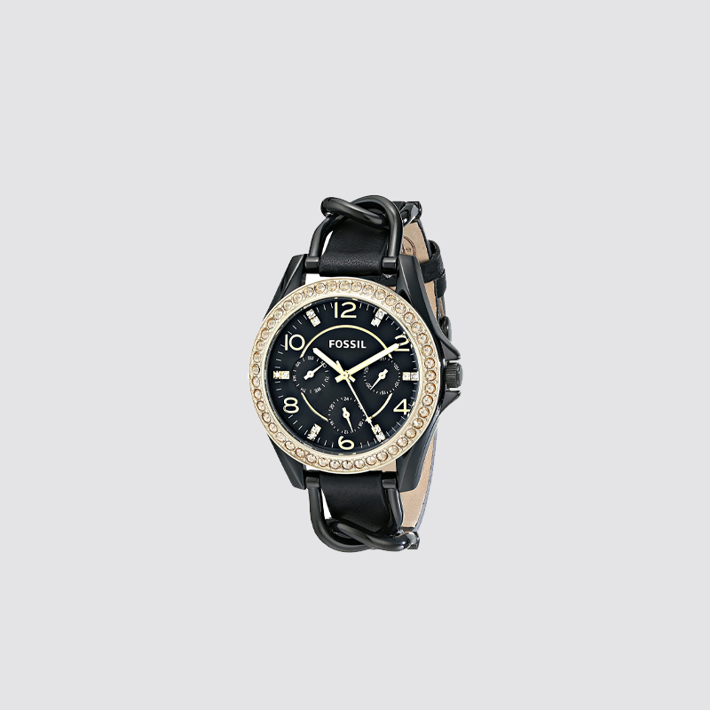 위핑,Fossil ES3696 Ladies Riley Black Crystal-set Dial Black Leather Strap